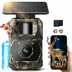 MAXDONE Wildkamera mit Handyübertragung App - Wildtierkamera 4K 64MP WLAN Solar Wildkamera mit 6000mAh Akku & Bewegungsmelder Nachtsicht, 0,1s Auslösezeit, Inklusive 64GB SD Karte, IP66 Wasserdicht Gelb Grün Angebot bei HelloDeals