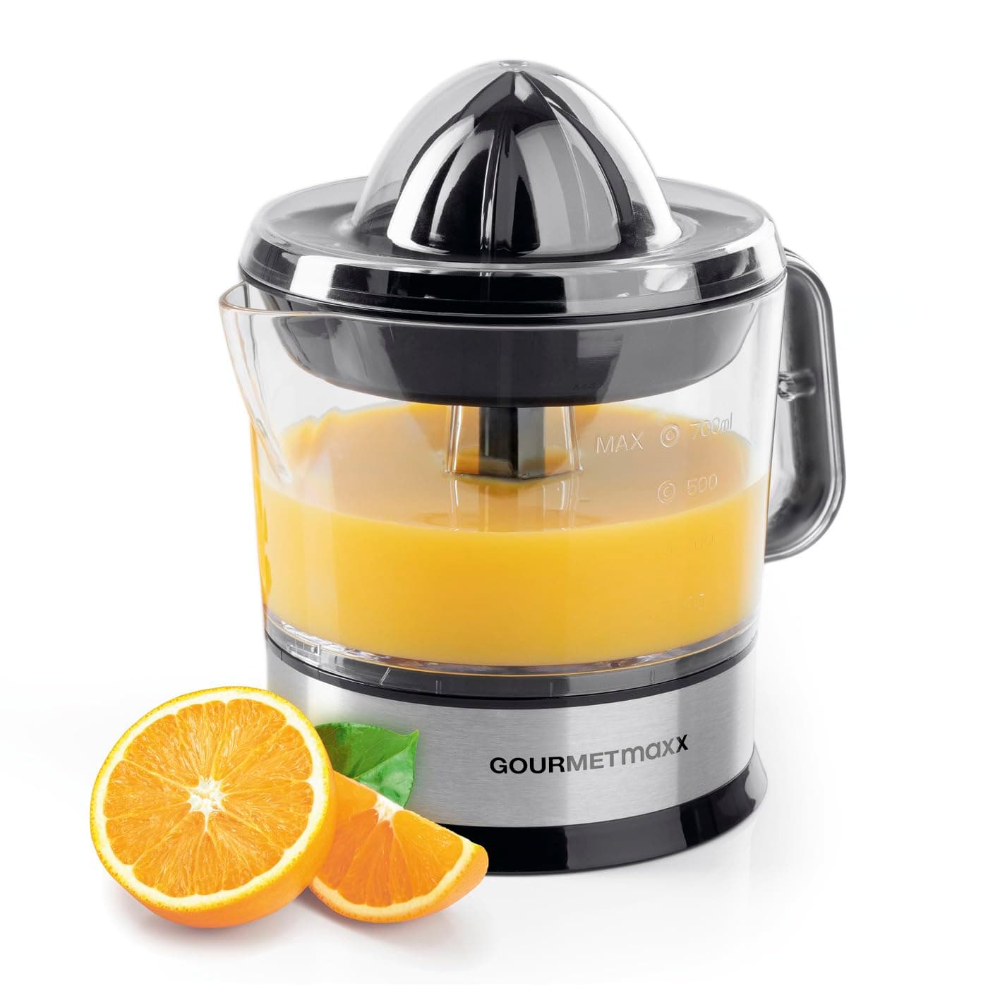 GOURMETmaxx elektrischer Entsafter für Zitrusfrüchte & Orangensaft | Saftpresse bis 700 ml Füllvolumen | Zitruspresse mit verschiedenen Zubehör für frischesten Geschmack | 40 W [transparent/silber] Angebot bei HelloDeals