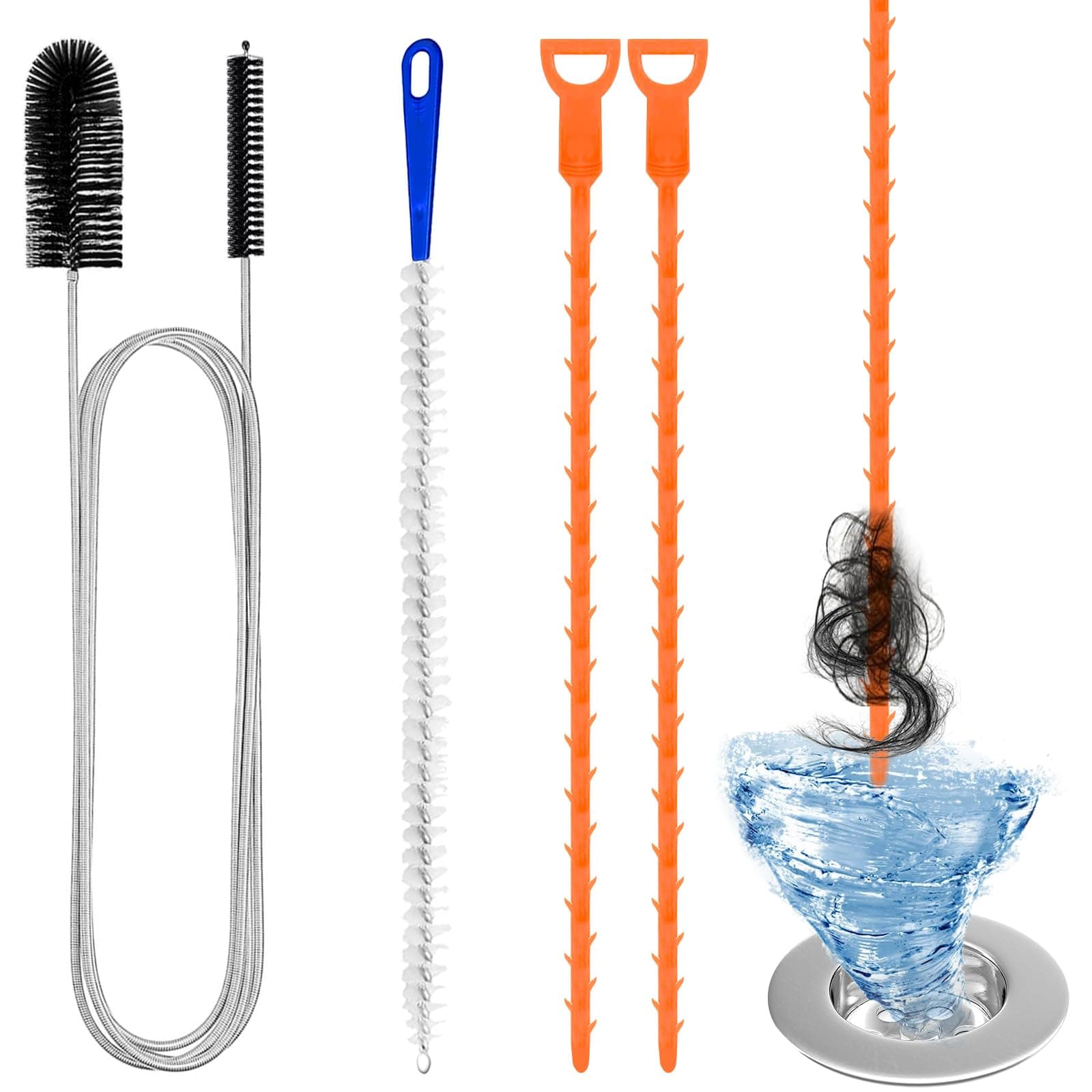 Redamancy 4 Stück Abflussreiniger Spirale,Doppelkopf-Rohrreinigungsbürste Edelstahl-Kanalreiniger,Abflussreiniger Sticks, Abfluss Bürste,Flexible Reinigungsbürste für den Abfluss in Küche und Dusche 1*155cm + 1*45cm + 2*50cm Angebot bei HelloDeals