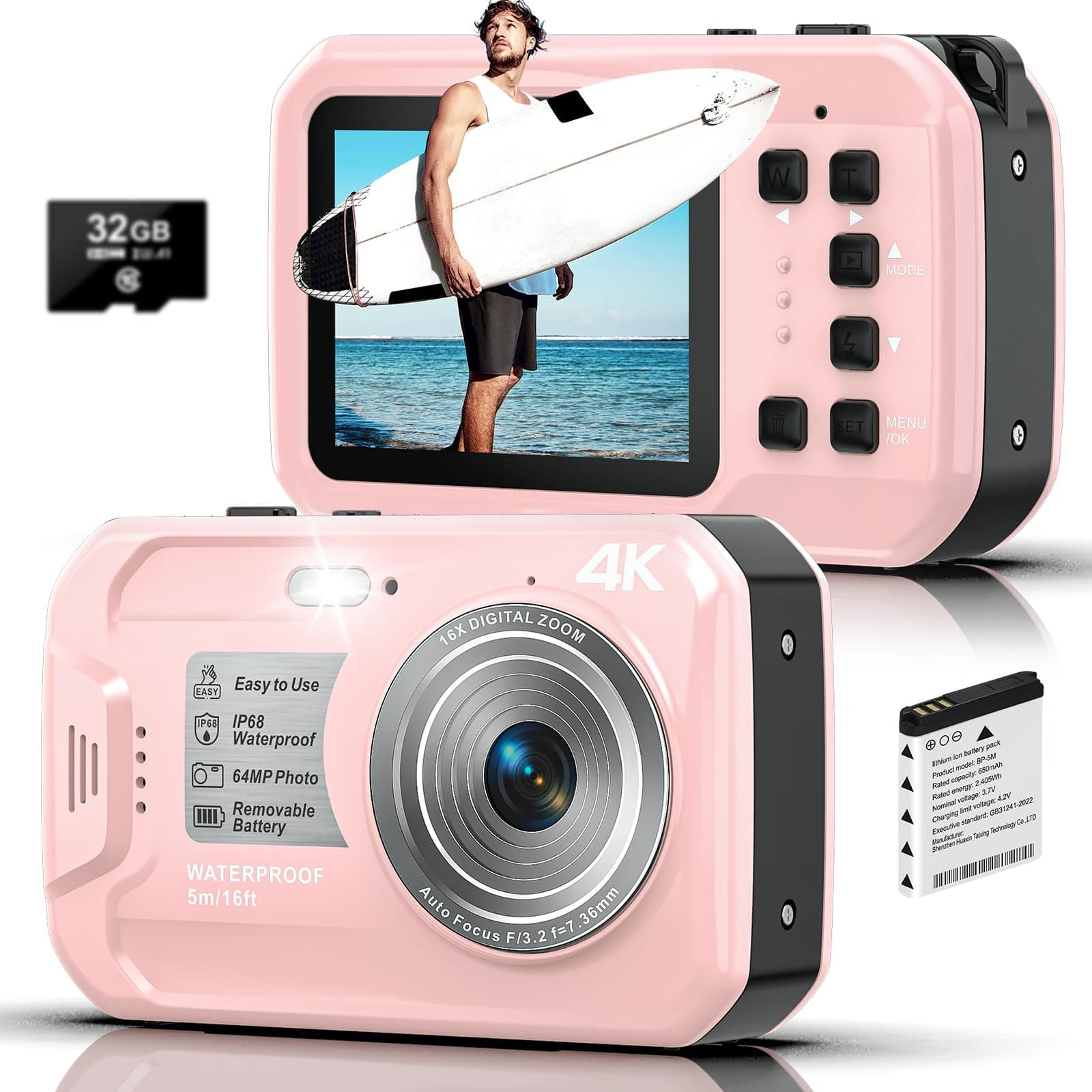 Unterwasserkamera 4K UHD, 64MP Autofocus Digitalkamera wasserdichte mit 32GB Karte, IP68 & 16FT Unterwasserkamera mit IPS HD Bildschirme, 16X schwimmfähig Digitalzoom, Aufhelllicht, zum Schnorcheln Rosa Angebot bei HelloDeals