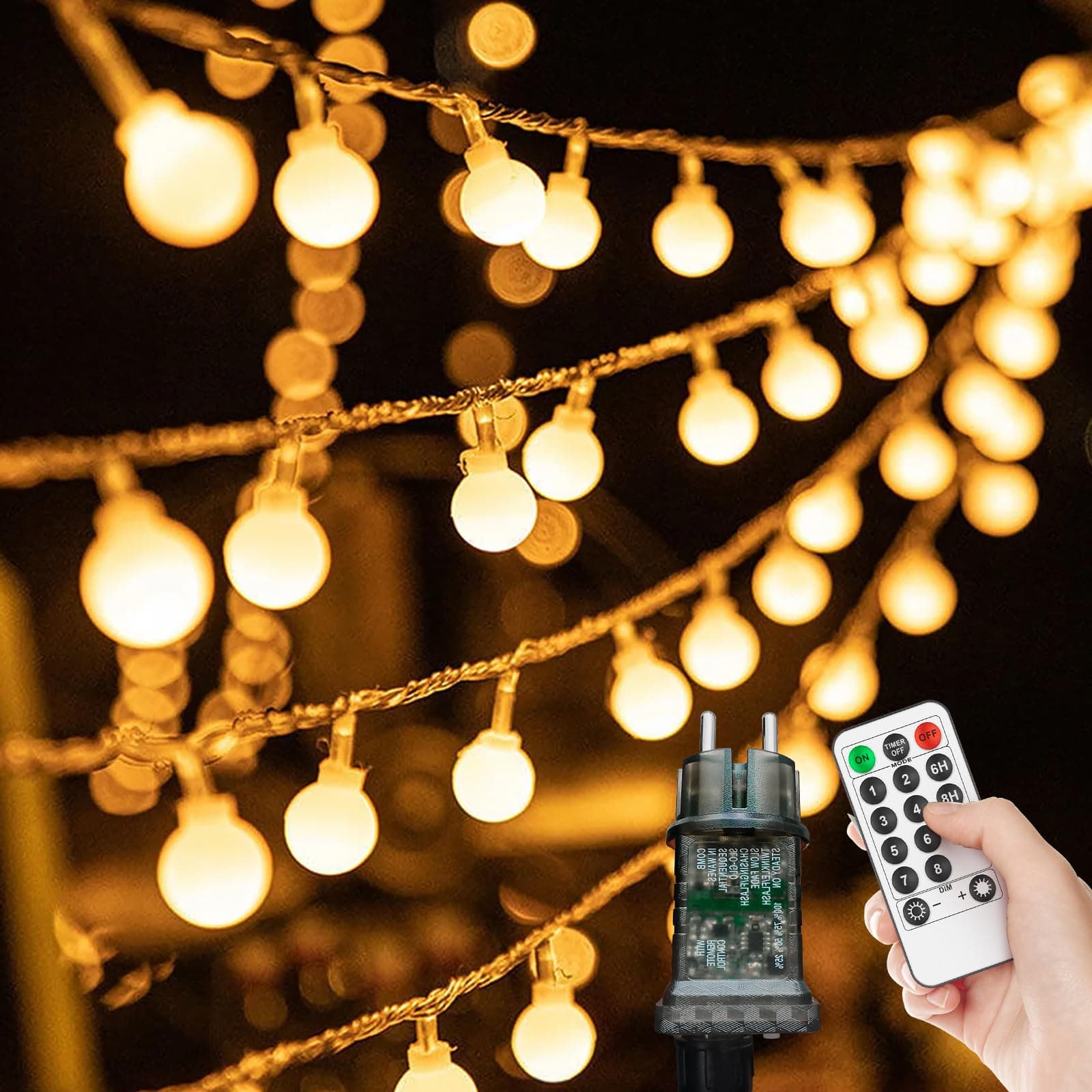 Lichterkette Außen Innen - 15M 100 LED Kugel Lichterkette, Outdoor Strom Lichterketten mit 8 Modi IP44 Wasserdicht, Ideal für Kinderzimmer, Gartenbeleuchtung, Partybeleuchtung, Terassen Balkon Deko 15 meters + 100 LEDs Angebot bei HelloDeals
