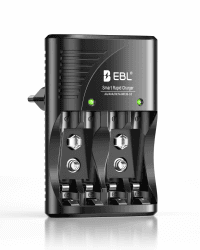EBL Akku Ladegerät für AA AAA 9V NIMH Akkus, 4-Ladefach Smart Plug Batterieladegerät, Multi-Schutz, LED-Anzeige, Schnellladegerät für AA AAA 9V Ladegerät ohne Akkuset Angebot bei HelloDeals