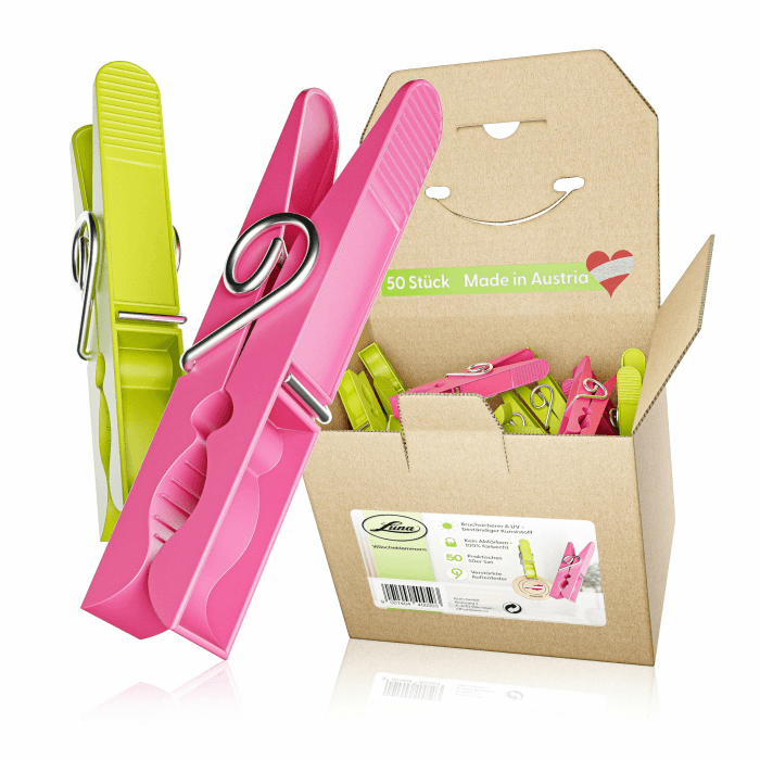 Luna® Wäscheklammern Plastik 50 Stück - Made in Austria - Wäscheklammer aus recycelten UV beständigen Kunststoff - Klammern ohne Abdruck - Clothespins - 100% Farbecht - Nachhaltig - Kluppen mit Box Bunt Angebot bei HelloDeals