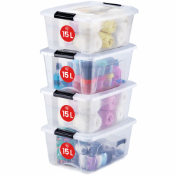Iris Ohyama, Aufbewahrungsboxen mit Deckel, Kunststoffboxen, Plastikbox, Box mit Deckel, 15L, 4er-Set, Transparent, Verschlussclips, Stapelbar, Organisation, BPA-frei, Plastikboxen, Kisten, NTB-15 15 L 4er-Set Angebot bei HelloDeals