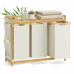 SONGMICS Wäschekorb 3 Fächer, Bambus, Wäschesammler 150 L, Wäschesortierer, mit Ablage, Wäschesack, kleine seitliche Taschen, Wäscheregal, 3 x 50 L, 94 x 33 x 78 cm, cremeweiß RLH115W01 Cremeweiß 150 L (1 Eben + 3 Fächer) Angebot bei HelloDeals