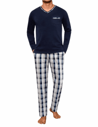 Herren Schlafanzug Lang Winter Baumwolle Kariert Pyjama Set Weicher Hausanzug, mit V-Ausschnitt Langarm Shirt & Schlafanzughose Marineblau M Angebot bei HelloDeals