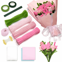 IJIAMY 400 Stück Pfeifenreiniger Blumen Set, Pfeifenputzer Blumen Zum Basteln, Mit Grüne Blumenstöcke, Klebebandrollen, Klebestifte (Rosa) Angebot bei HelloDeals