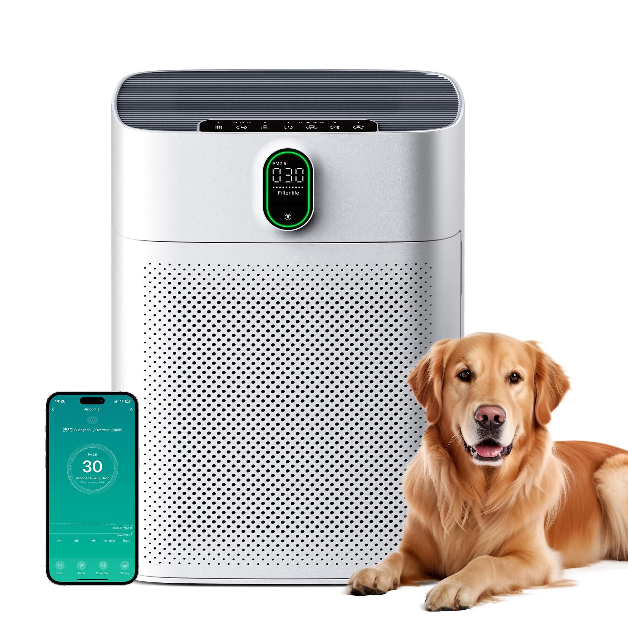Luftreiniger für Allergiker, Air Purifier für Raucherzimmer, HEPA Filter Gegen Staub Pollen, CADR 300 m³/h für 100 m², 24 dB, Timer, Luftqualitäts-Feedback & Automodus, Mattweiß, 1 Pack+3 Modi Mattweiß 1 Angebot bei HelloDeals