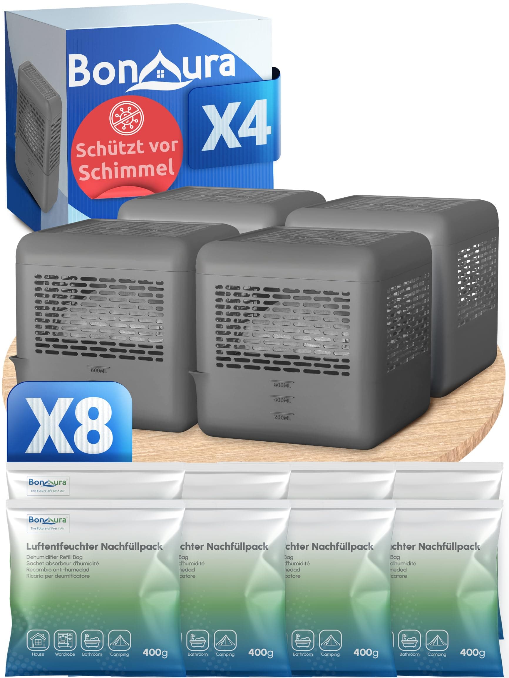 BonAura® 4x Luftentfeuchter ohne Strom + 8x 400g Luftenfeuchter Nachfüllpack - Raumentfeuchter bis 40m² für Keller, Bad uvm. - Entfeuchter und Luftentfeuchter Granulat im Set - Schutz vor Schimmel 4 x Entfeuchter + 8 x Granulat Angebot bei HelloDeals