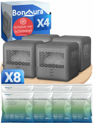 BonAura® 4x Luftentfeuchter ohne Strom + 8x 400g Luftenfeuchter Nachfüllpack - Raumentfeuchter bis 40m² für Keller, Bad uvm. - Entfeuchter und Luftentfeuchter Granulat im Set - Schutz vor Schimmel 4 x Entfeuchter + 8 x Granulat Angebot bei HelloDeals