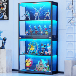 Vitrine mit LED Beleuchtung und Glastüren, Sammlervitrine, Vitrinenschrank mit Intelligente Sensorik, 4-Lagen Glasvitrine Bücherregal für Wohnzimmer Schlafzimmer Büro, Schwarz Schwarz W80 x D35x H165cm Angebot bei HelloDeals