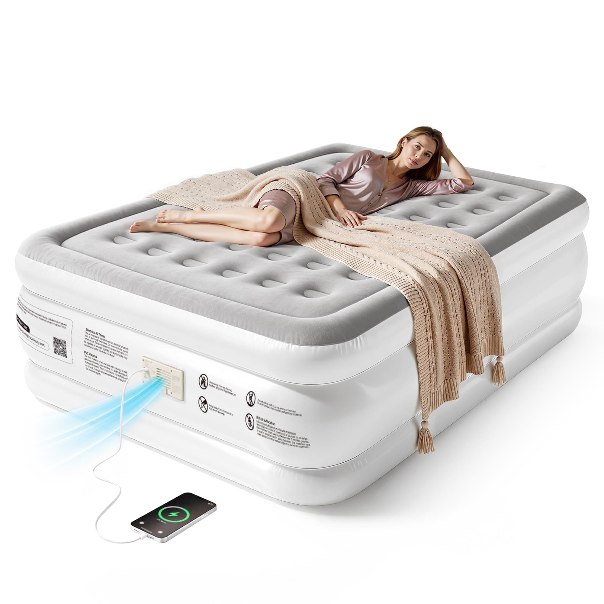 Premium Luftmatratze mit integrierter Pumpe – Automatisches Nachfüllen, 2,5 Min Schnellaufblasen, Weiche Beflockung, Leiser Betrieb, für 2 Personen, Zuhause & Camping Weiß Angebot bei HelloDeals