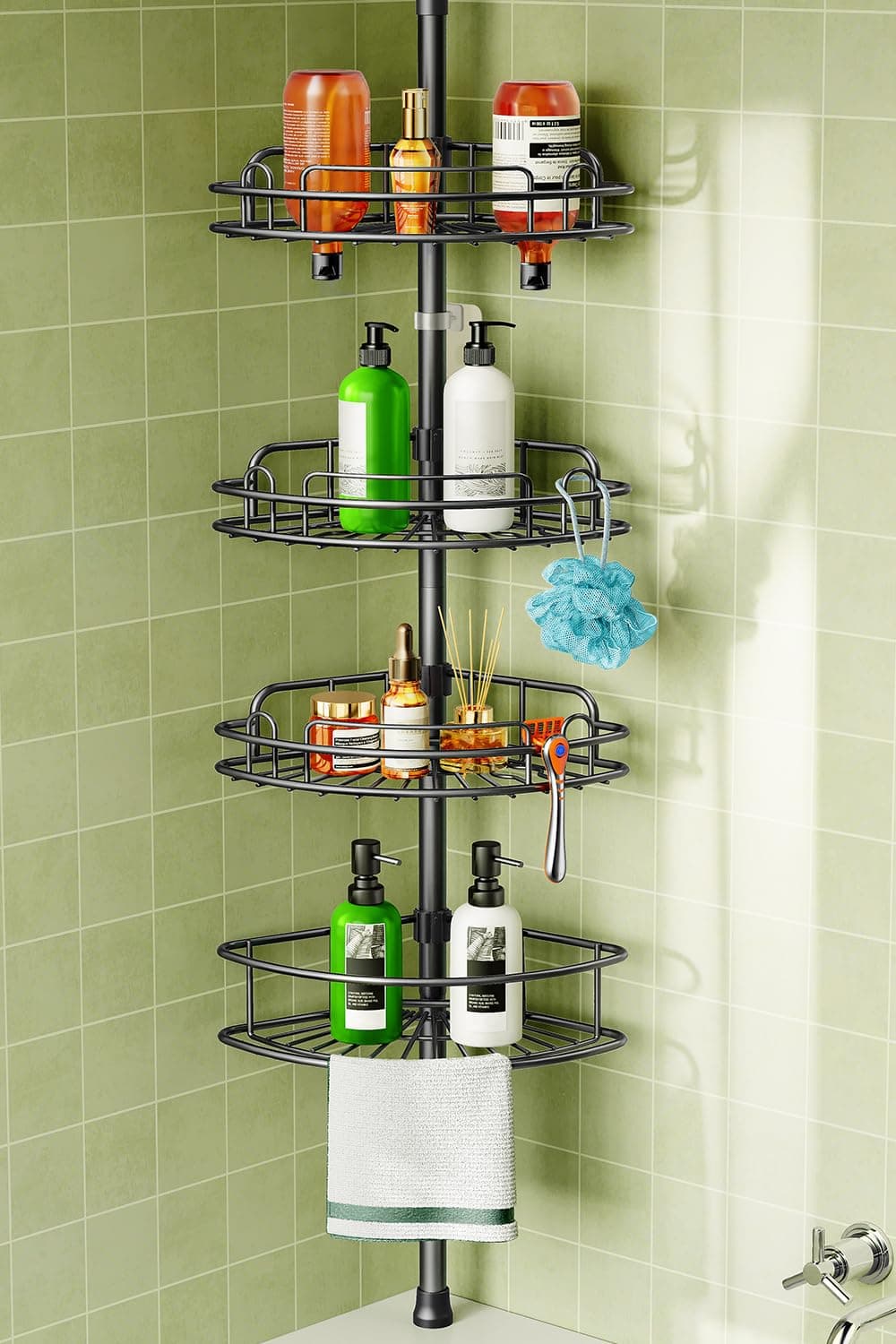 HAMITOR Teleskop Duschablage Ohne Bohren: 4-stufiges Metall Ecke Duschregal Rutschfest und Stabil, Badezimmer Organizer für Shampoo, Seife und Duschgel – verstellbar von 121-314 cm, Schwarz Angebot bei HelloDeals