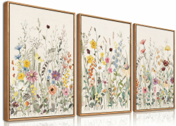 BINCUE Leinwand Wandkunst, Aquarell Blumen Wandbilder, Bunte Wildblumen Bilder, Wanddekoration, Botanische Deko für Wohnzimmer Schlafzimmer Zuhause, Rahmen, 30x40cm x3 30L x 40W cm Farbe D Angebot bei HelloDeals