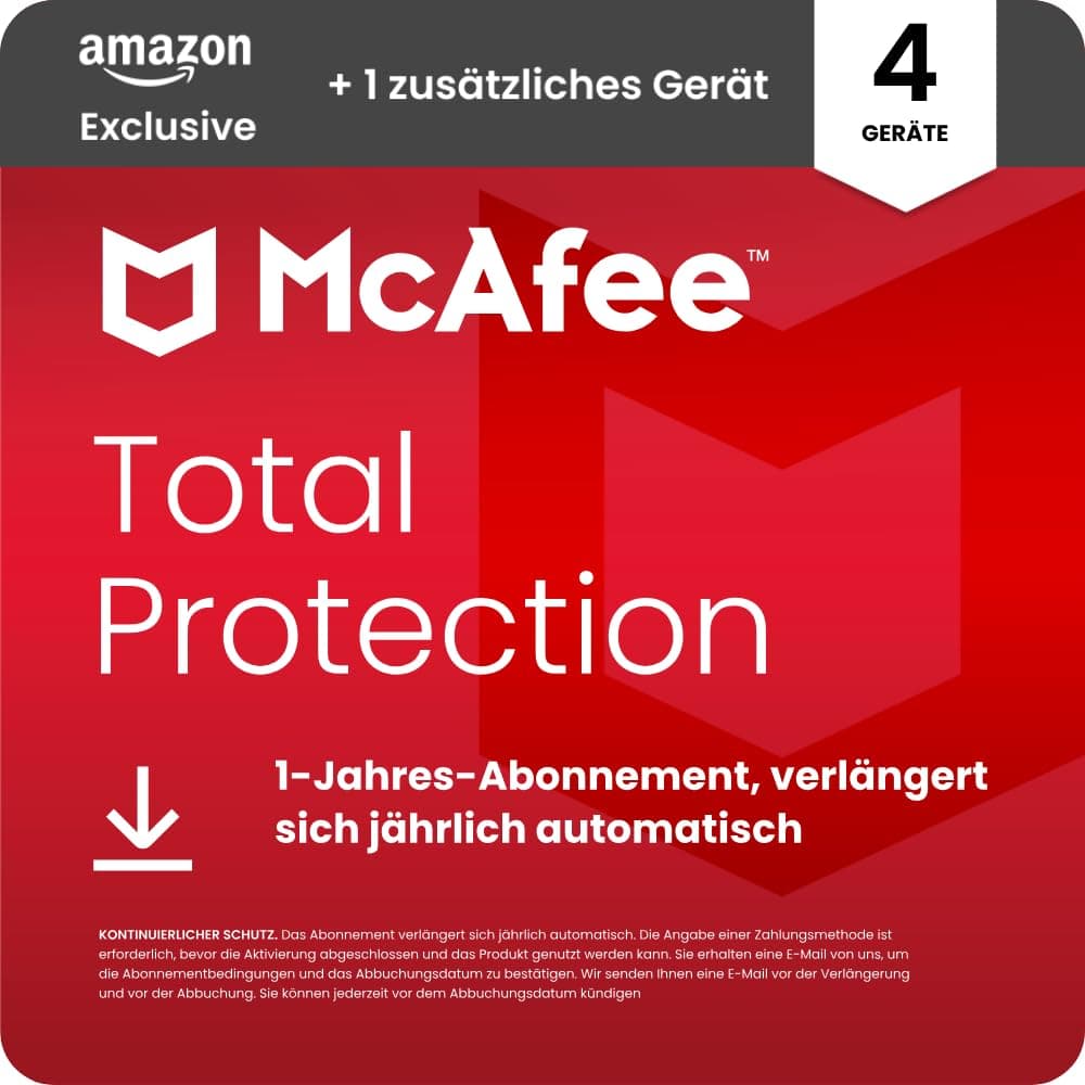 McAfee Total Protection 2026 (4 + 1 zusätzliches Geräte) | Virenschutz, VPN, Betrugsschutz, Sicherheitssoftware, Identitätsüberwachung | 1-Jahres-Abonnement mit automatischer Verlängerung | Download Digital Download 12 Monate 4+1 Geräte Angebot bei HelloDeals