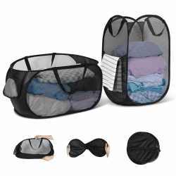 Pop Up Wäschekorb Faltbar 2 Stück aus Netzmaterial (36 * 36 * 58cm) mit Henkel für Badezimmer, Camping, College Dorm und Reisen, Zusammenklappbarer Korb für schmutzige Wäsche (Schwarz) Schwarz+ Schwarz | Angebot bei HelloDeals