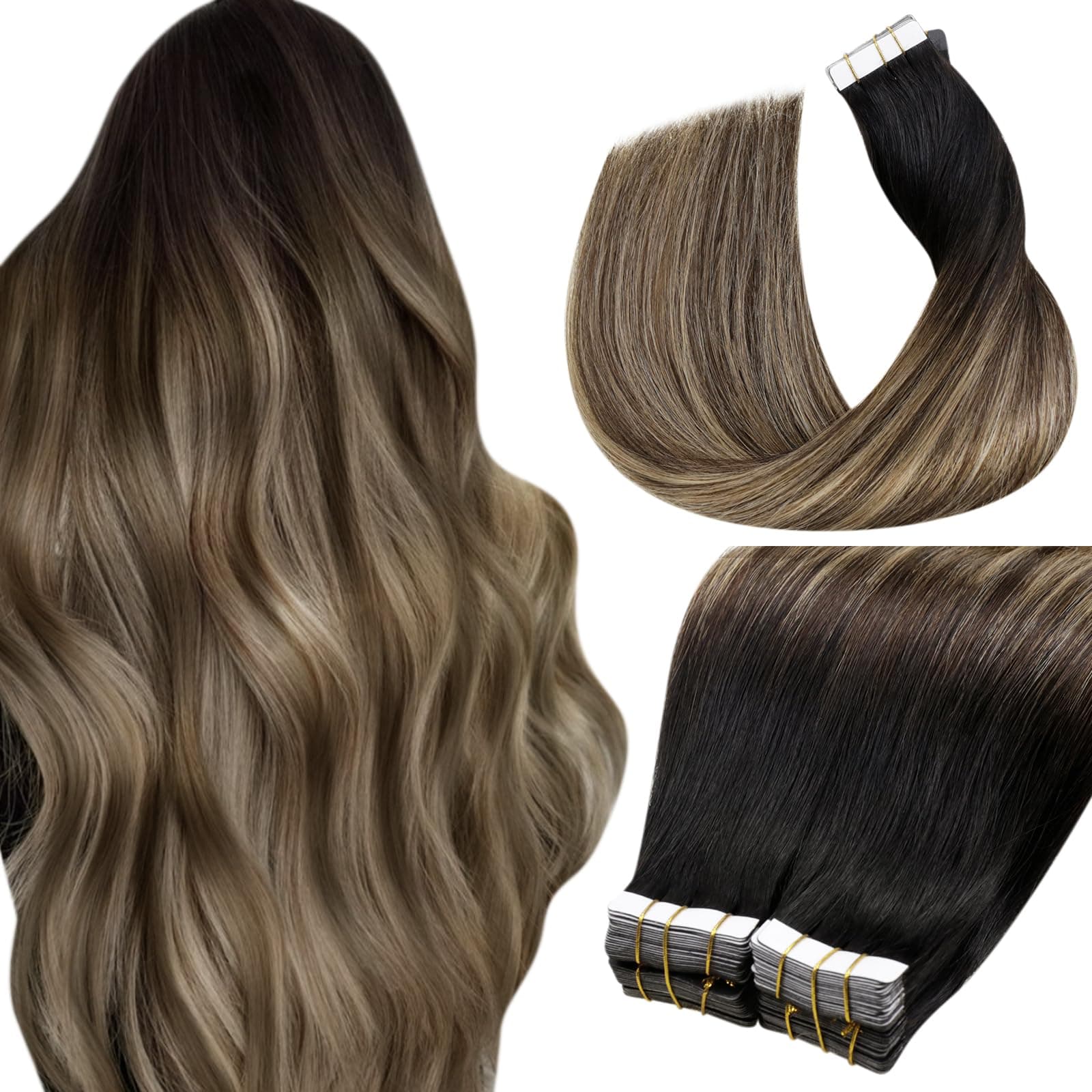 LaaVoo Tape in Extension Echthaar 55 cm Remy Haarverlängerung Echthaar Tape in Extensions Balayage Schwarz zu Dunkelbraun mit Karamellblond Tapes Klebestreifen Extensions 40 Stück/100g #1B/4/27 55cm-40pcs 3.1#1b/4/27 Angebot bei HelloDeals