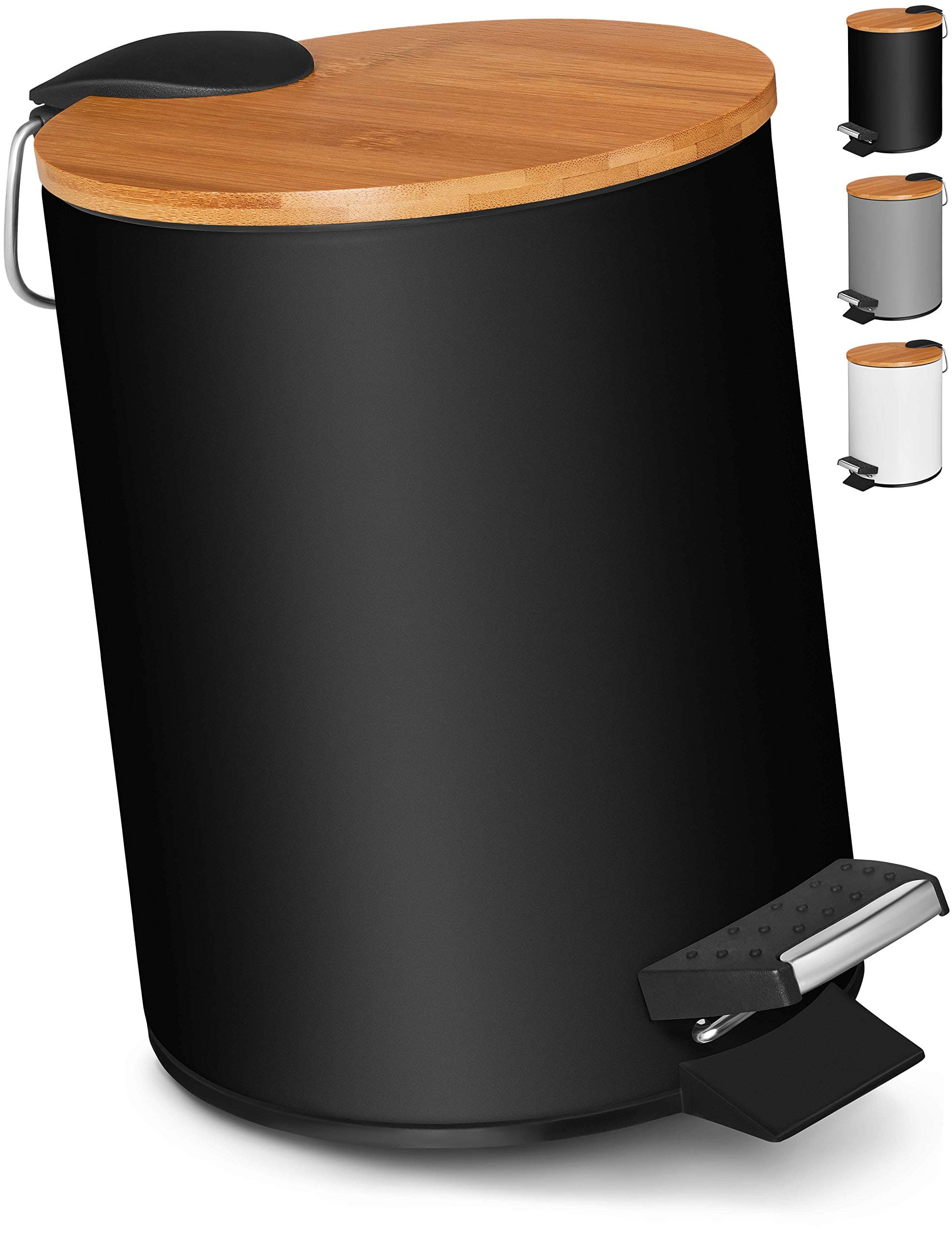 VMbathrooms 3L Kosmetikeimer in edlem schwarzem Design | Tretmülleimer mit Absenkautomatik (Soft Close) | Eleganter Eimer fürs Bad mit Innenbehälter und Bambus-Holzdeckel Schwarz, 3 l Angebot bei HelloDeals