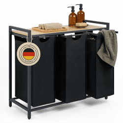 Blumtal Wäschesammler 3 Fächer Schwarz - Wäschekorb mit Ablage in Bambus-Optik - Wäscheschrank mit Metall-Rahmen in Schwarz - Wäschekorb mit Beinen - Wäschesortierer 3 Fächer/Schmutzwäschebehälter Schwarz + Bambus 3 Fächer Angebot bei HelloDeals