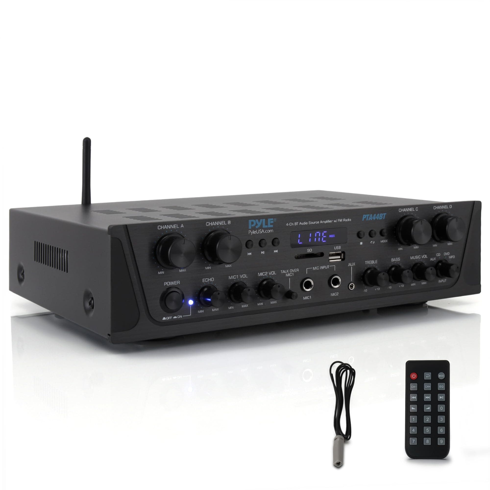 Pyle Bluetooth Stereo Verstärker 500W – 4-Kanal Mini Receiver mit USB, AUX, FM-Radio, Subwoofer RCA & Mic Eingang, Talk Over Funktion mit Echo Kabelloses Streaming, Für Heimkino, Studio & PA-Anlage 4 Kanäle EU Angebot bei HelloDeals