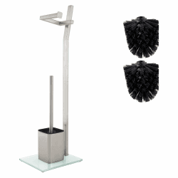 WC Garnitur - Mattes Chrom - 22 x 18 x 70 cm - Inkl. Toilettenpapierhalter Und Toilettenbürste - Rostfreier Edelstahl - Standfuß Aus Glas Mit Klobürste - Plus: 1 und 2 Klobürstenköpfe Zum Austauschen Chrom Gebürstet Angebot bei HelloDeals