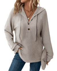 Pullover Damen Hoodie V-Ausschnitt Kapuzenpullover Knopfleiste Leichter Strickpullover Langarm Sweatshirt Tops Khaki-melange XL Angebot bei HelloDeals