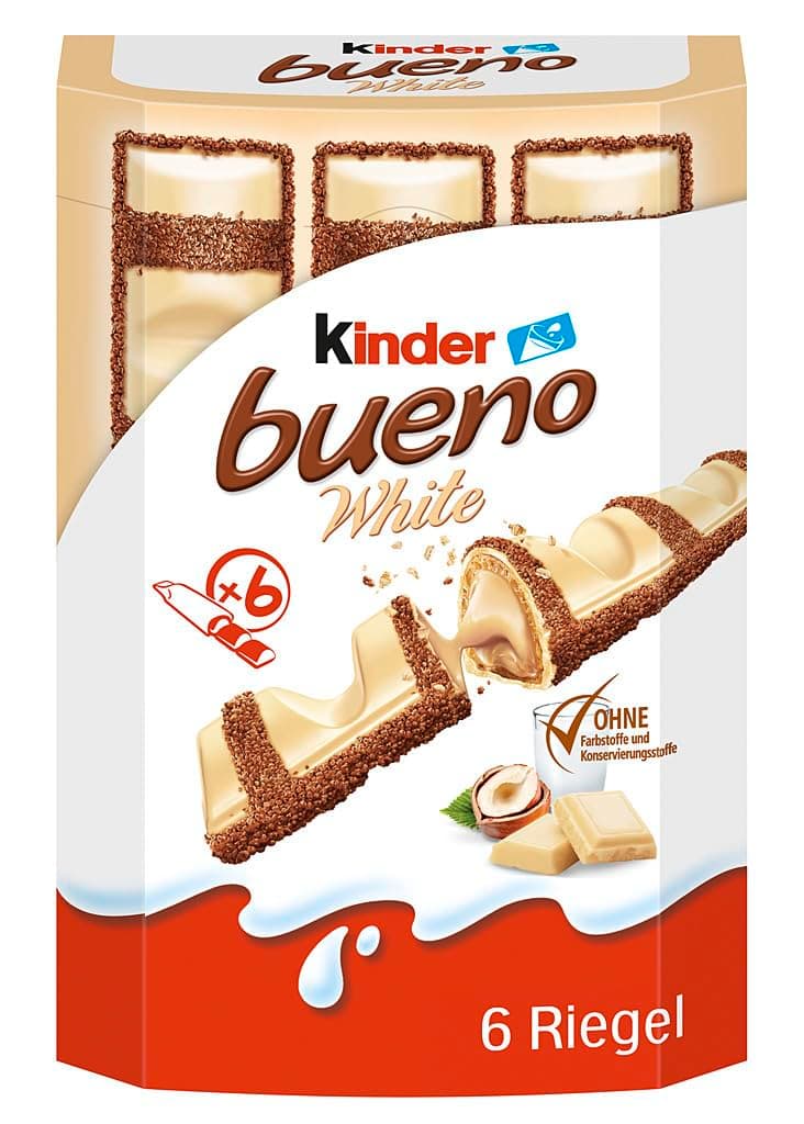 Kinder bueno White 6er – Waffel-Riegel mit weißer Schokolade, zarter Knusperhülle und cremiger Milch-Haselnuss-Füllung – Süßigkeiten für Karneval, Fasching – 117g 6 Riegel x 19.5g Angebot bei HelloDeals