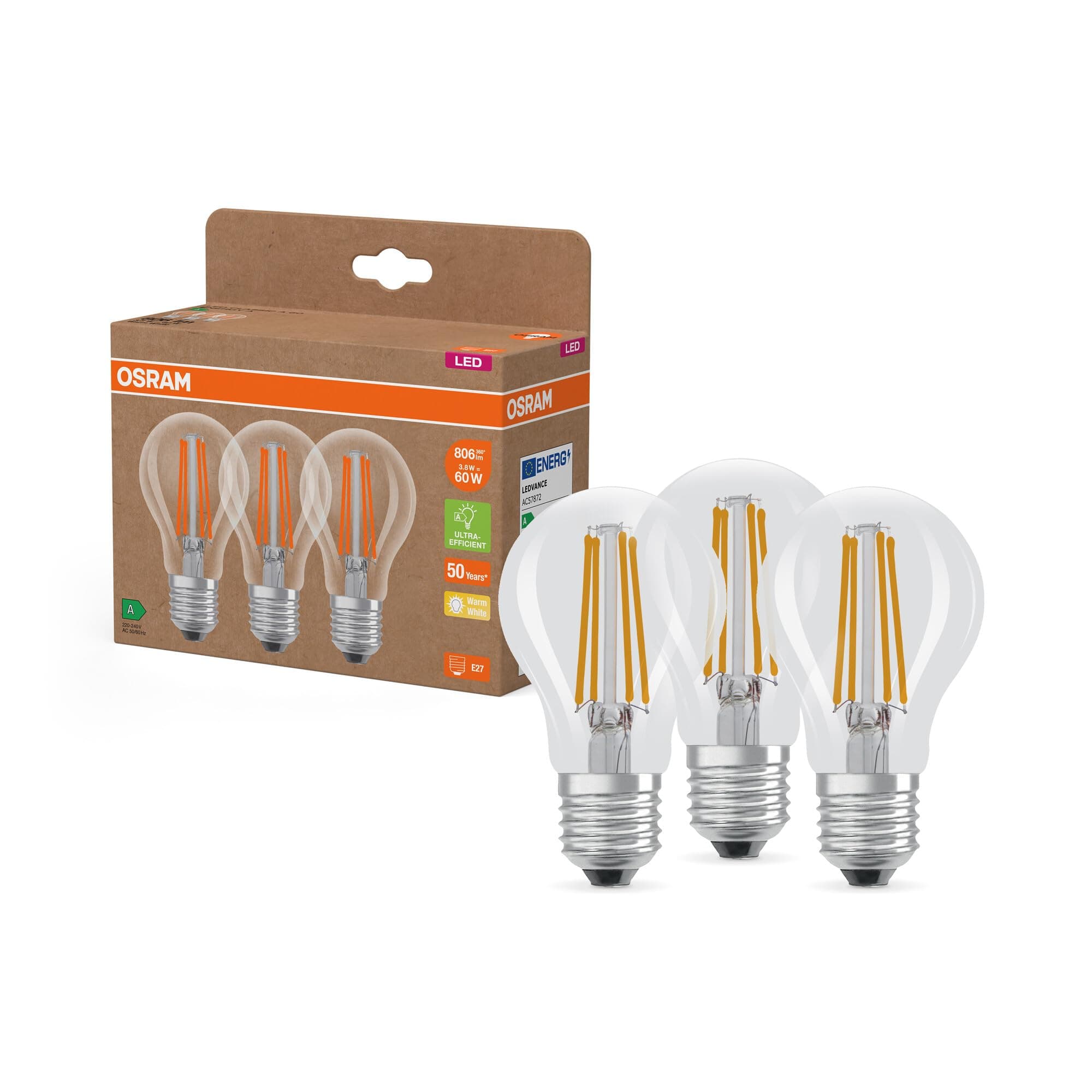 Osram Hocheffiziente LED Lampen mit Energieeffizienz Klasse A, Vorteilspack mit 3 Leuchtmittel, ersetzt herkömmliche 60W Glühbirnen, Birnenform, warmweiß(2700K), E27, Filament Glas 60W-Ersatz-Birne 3er-Pack Klar Angebot bei HelloDeals