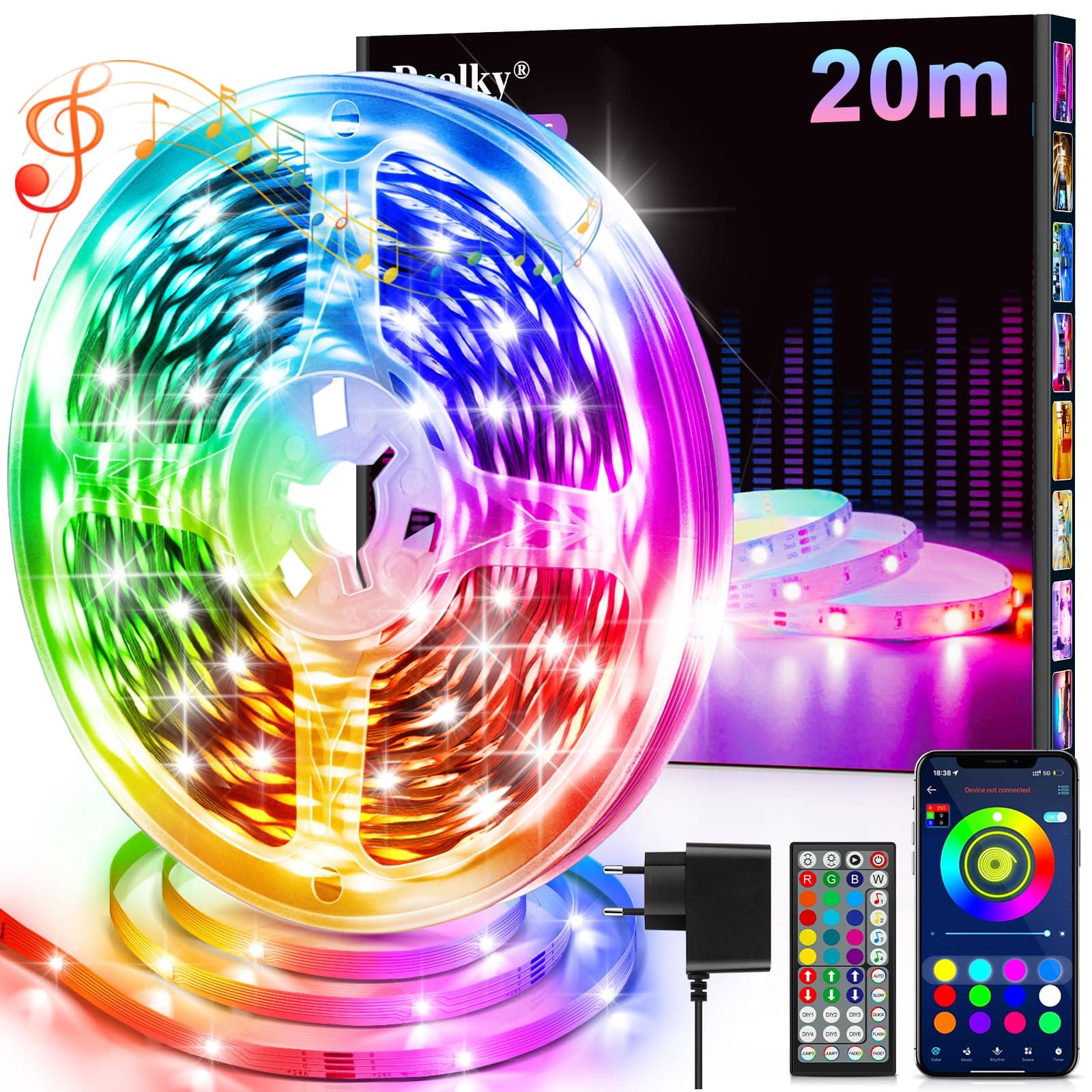 LED Streifen LED Strip 20m mit Fernbedienung & App & Musik Sync, RGB Lichterkette Dimmbar Farbwechsel, LEDs Leiste Band Stripes Bluetooth Selbstklebend für Zimmer Deko/Küche/Decke/Gaming/Party Rgb 20m Angebot bei HelloDeals