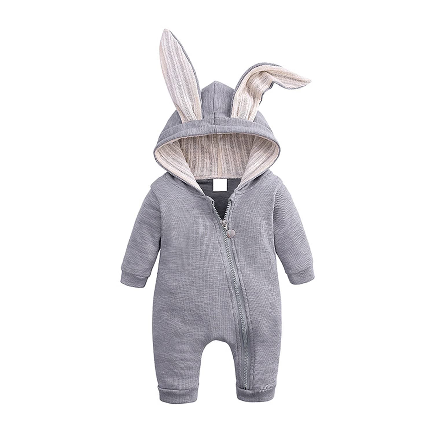 Kleinkind Baby Jungen Mädchen Baumwolle Strampler Langarm Mit Kapuze Reißverschluss Overall Body Baby Herbst Kleidung Pyjamas Outfit 0-3 Monate Grau Angebot bei HelloDeals