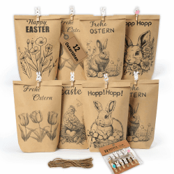 12 Ostertüten zum befüllen - Geschenktüten Ostern Set mit Motiv Hasen, Blumen und Küken - Ostern Papiertüten mit Holzklammern - ideale Mitgebsel Geschenkidee oder Oster Dekoration Schwarze Skizze Angebot bei HelloDeals