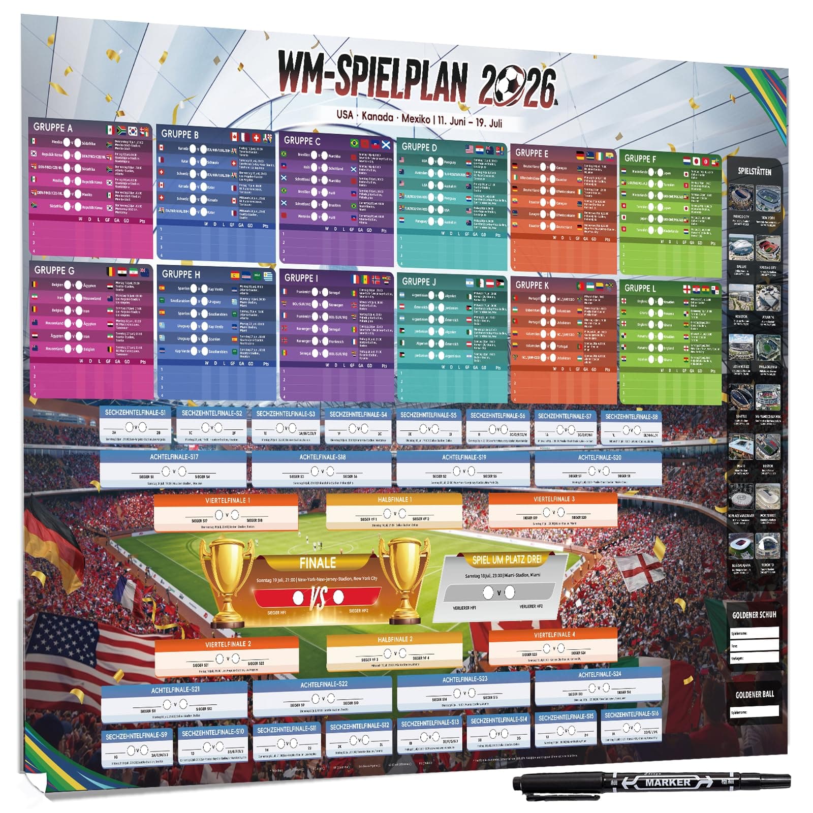 AhfuLife WM Spielplan 2026 Poster für Deko Fußball WM 2026 - Groß Fussball Planer 100 x 70cm - Enthält 42 Mannschaften Gruppen Knockout und Finale alle Ergebnisse der Spiele WM 2026 Spielplan Angebot bei HelloDeals