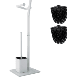 WC Garnitur - Weiß - 22 x 18 x 70 cm - Inkl. Toilettenpapierhalter Und Toilettenbürste - Rostfreier Edelstahl - Standfuß Aus Glas Mit Klobürste - Plus: 1 und 2 Klobürstenköpfe Zum Austauschen Angebot bei HelloDeals