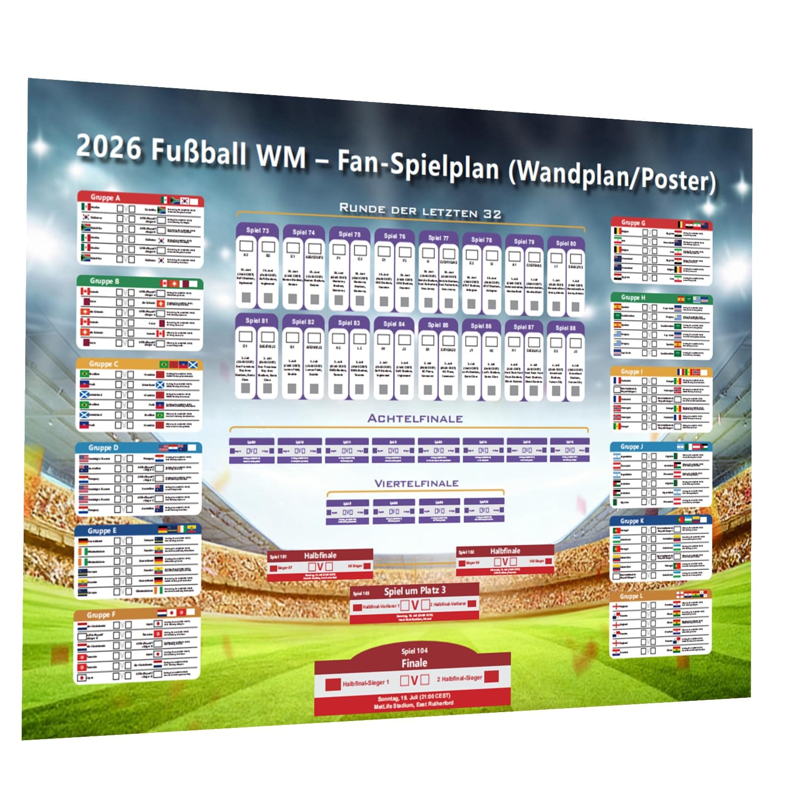 hsyomgcs Spielplan 2026 Poster für Deko Fußball WM 2026 – Alle Spiele, Termine & Austragungsorte – Wandplan für Heim & Bar – 42 bestätigte Teams, 6 freie Felder für Play-off-Teilnehmer (A1, 84x60 cm) 42 Länder (unvollständige Fassung) Angebot bei HelloDeals