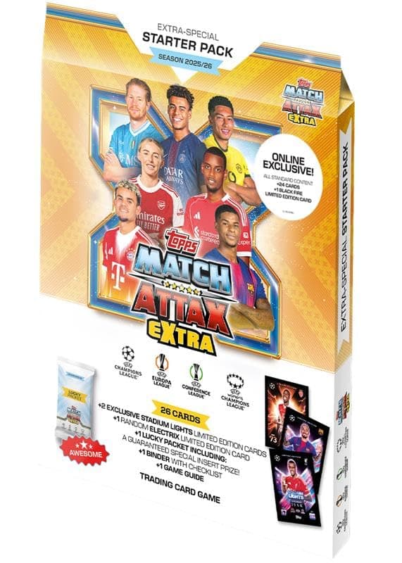 Topps UCC Match Attax Extra 2026 - Starter-Pack – Online-Exklusive Version! Enthält 50 Karten sowie 2 Stadium Lights-Les, 1 zufällige Electrix-LE-Karte, 1 Black Fire-LE-Karte sowie EIN Lucky-Pack Angebot bei HelloDeals