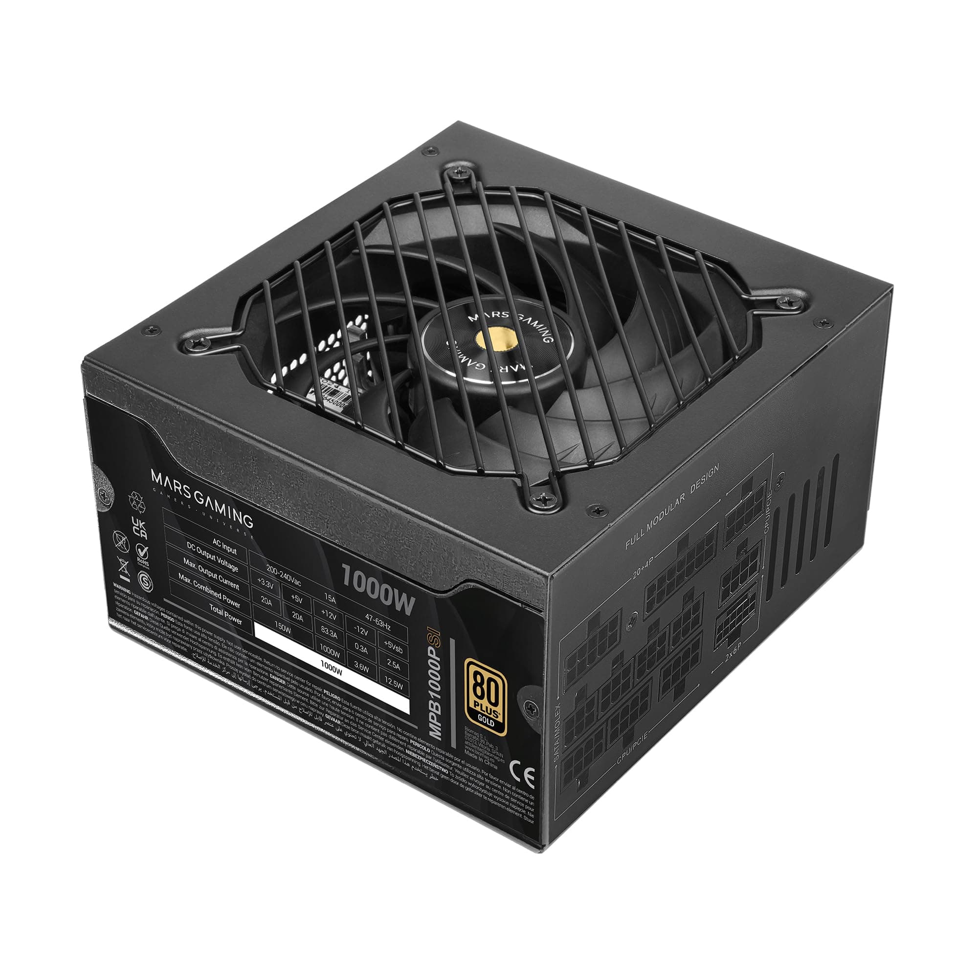 MARS GAMING MPB1000PSI, Vollmodulares ATX-Netzteil 1000W, 10 Jahre Garantie, 80Plus Gold 90%, SI-Lüfter 140mm, AI2-RPM, DC-DC und SMD Technologien, ATX 3.1 und PCIe 5.1 mit 12V 2x6 Anschluss, Schwarz Angebot bei HelloDeals