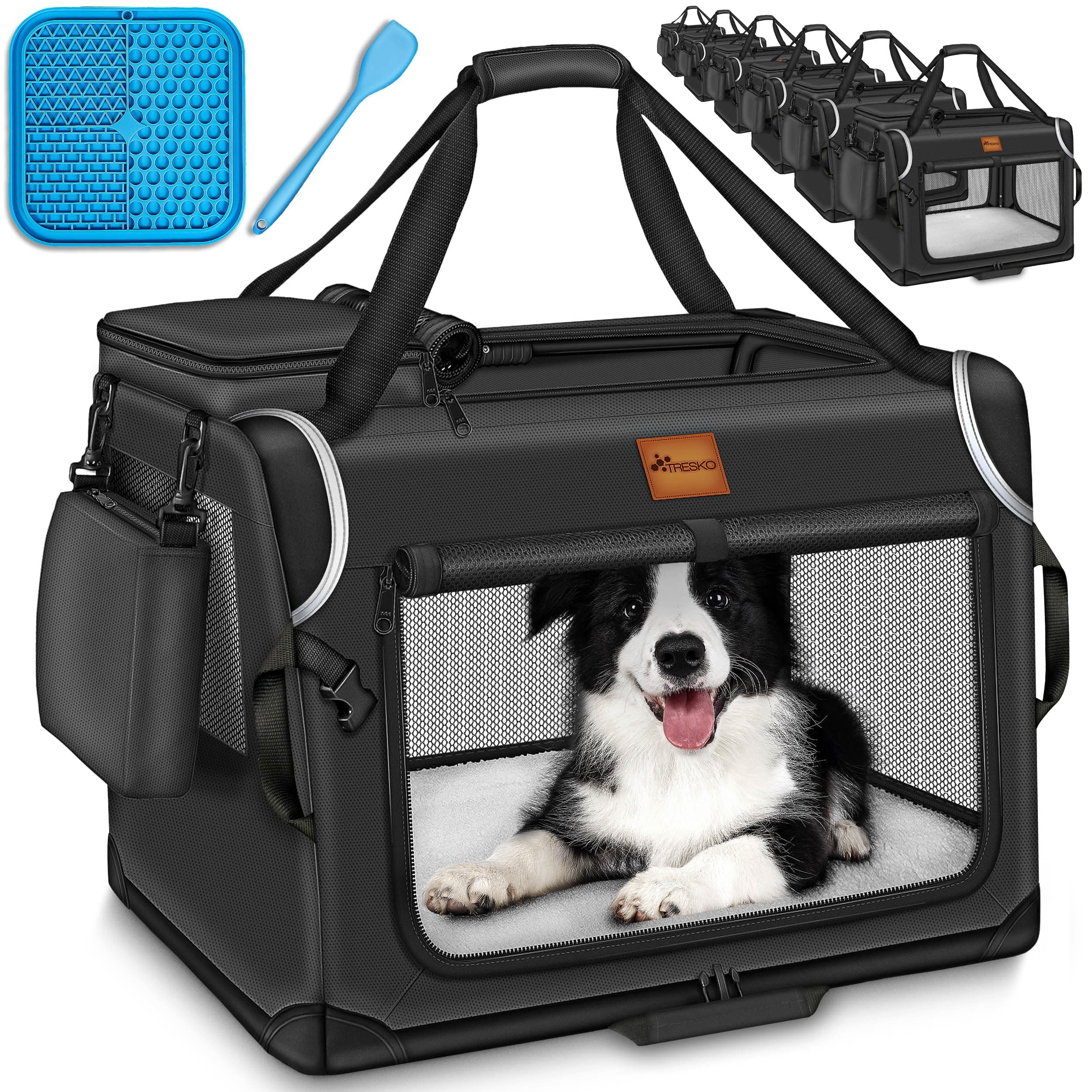 TRESKO® Hundebox faltbar inkl. Leckmatte, Spatel & Reflektoren S 50x34x34cm | Transportbox für Hunde und Katzen | Hundetransportbox Auto für kleine & große Hunde | Hundetasche robust Schwarz S (50x34x34cm) Schwarz Angebot bei HelloDeals