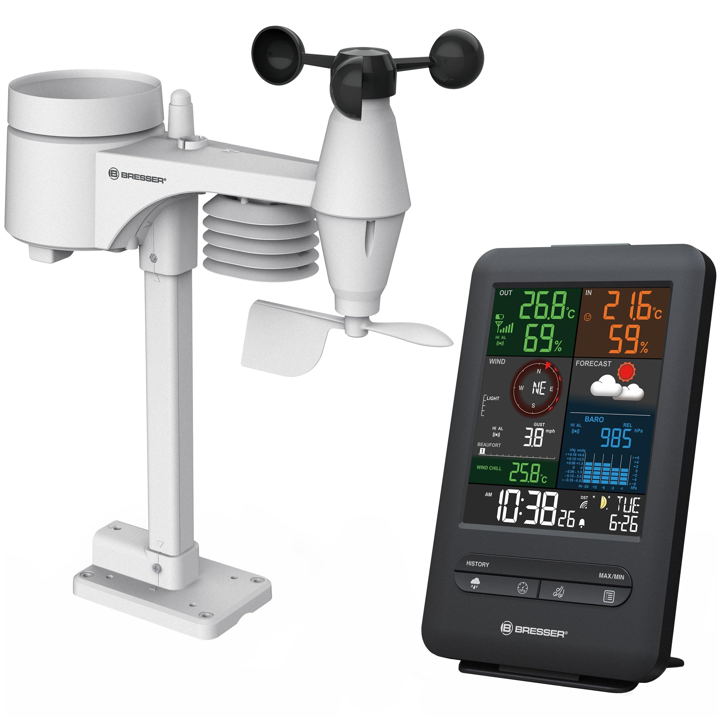 Bresser 7002525 Wetterstation Funk mit Außensensor 5-in-1 Beaufort mit großem Farbdisplay, Sensor für Temperatur, Luftfeuchtigkeit, Luftdruck, Windrichtung und Regenmesser, Schwarz, Einzigartig Angebot bei HelloDeals