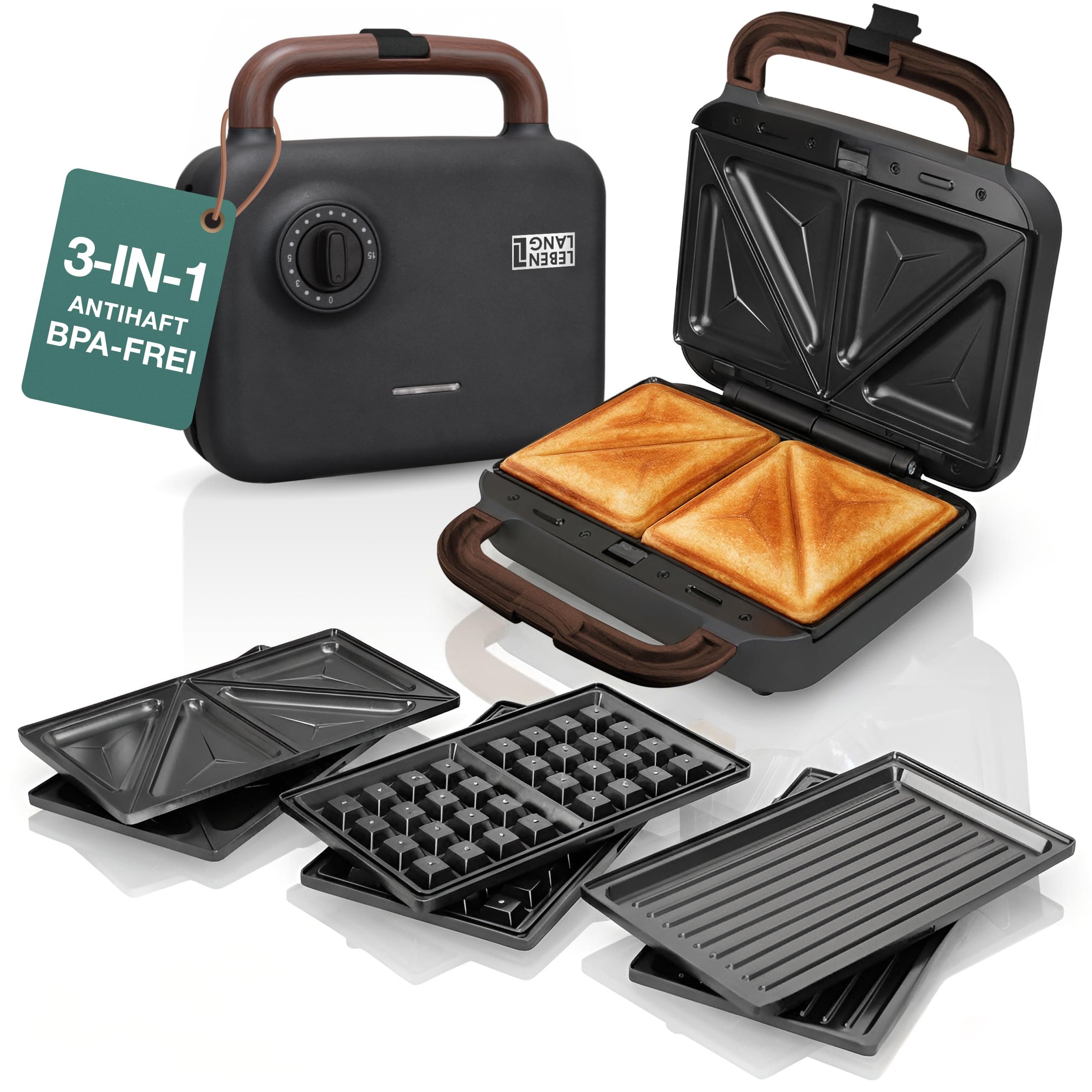 LEBENLANG Sandwichmaker 3 in 1-750W Inkl. 3 Einsätze für Grill, Sandwich & Waffeln I Waffel Sandwich Maker 3in1 Waffeleisen mit wechselplatten Sandwichmaker Waffeleisen Toaster Waffeln Kombigerät Schwarz - 750w Angebot bei HelloDeals
