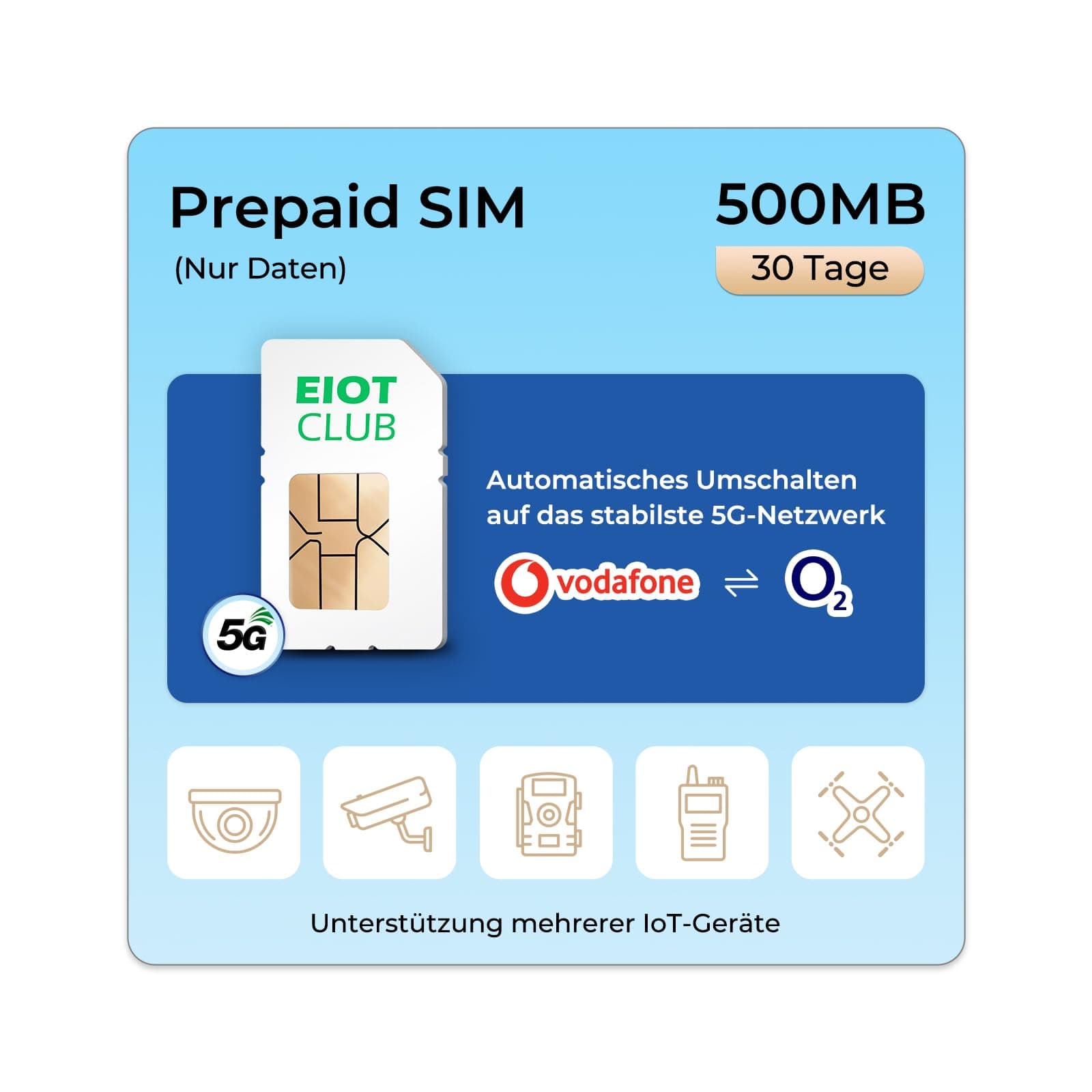 EIOTCLUB Prepaid SIM Karte für 5G/4G LTE-Überwachungskamera, Wildkamera, WiFi Router, Unterstützt Vodafone, O2-Netzwerk, SIM-Karte Nur Daten, Ohne Vertrag, Ohne Registrierung 500MB 30day Angebot bei HelloDeals