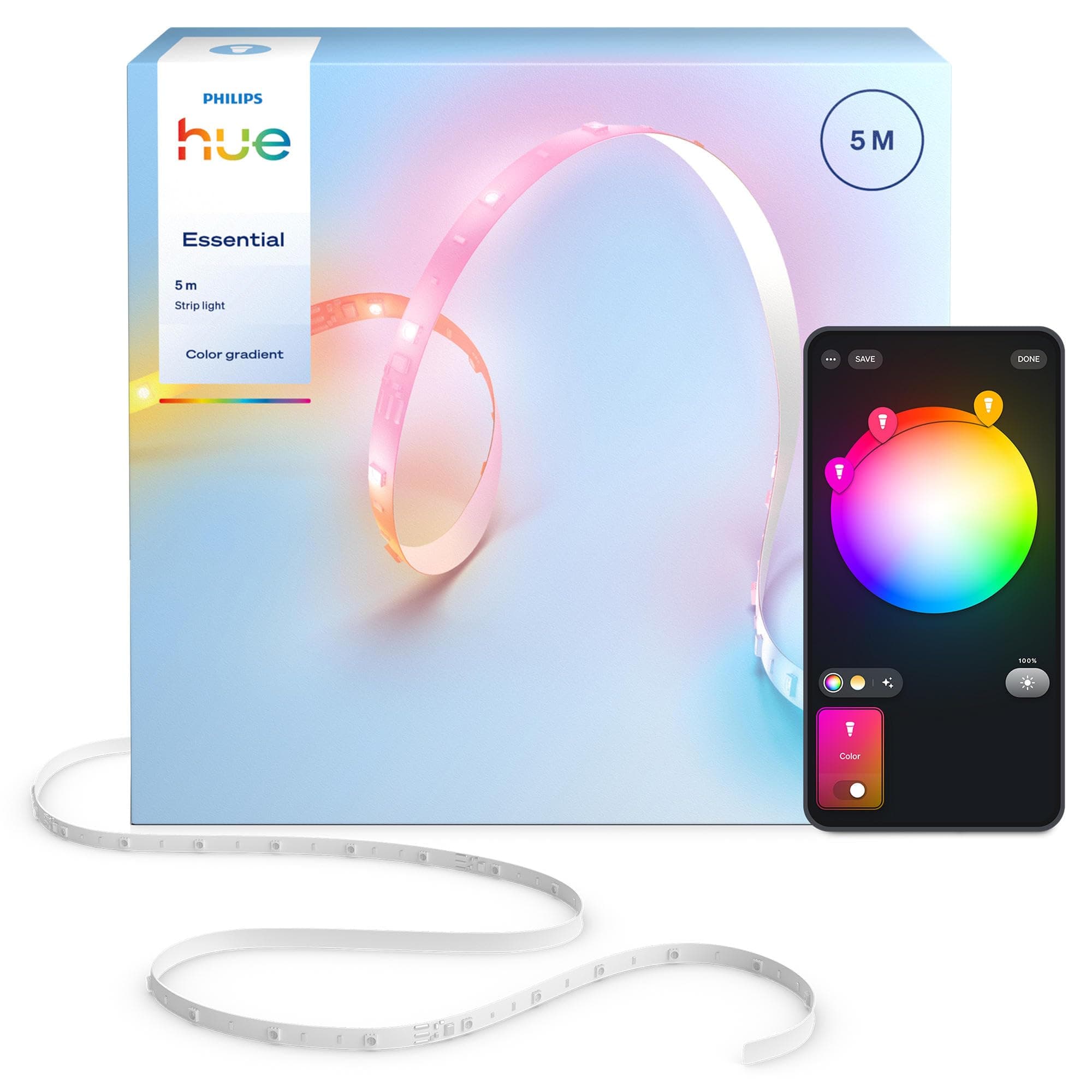 Hue Essential 5-Meter-LED-Lightstrip, RGBIC, lebendige Farben, flexible Innenbeleuchtung, einfache Installation, App- und Sprachsteuerung, kompatibel mit Alexa, Google Assistant und Apple Home Angebot bei HelloDeals