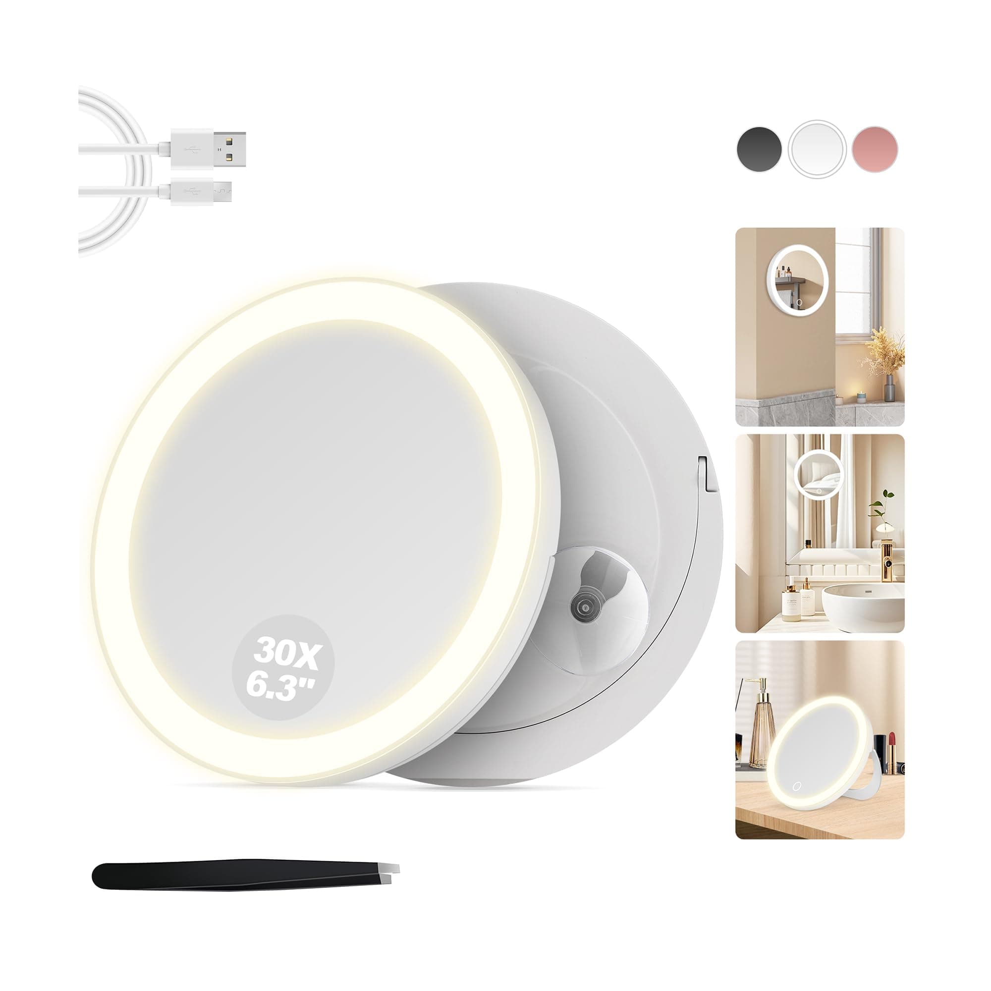 Vergrößerungsspiegel mit Saugnapf, 30-Fach Spiegel mit Beleuchtung, 3 Farben beleuchtbar und dimmbar, Bad- und Haushaltsspiegel, Wand- oder Tischmontage, Weiß Angebot bei HelloDeals