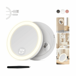 Vergrößerungsspiegel mit Saugnapf, 30-Fach Spiegel mit Beleuchtung, 3 Farben beleuchtbar und dimmbar, Bad- und Haushaltsspiegel, Wand- oder Tischmontage, Weiß Angebot bei HelloDeals