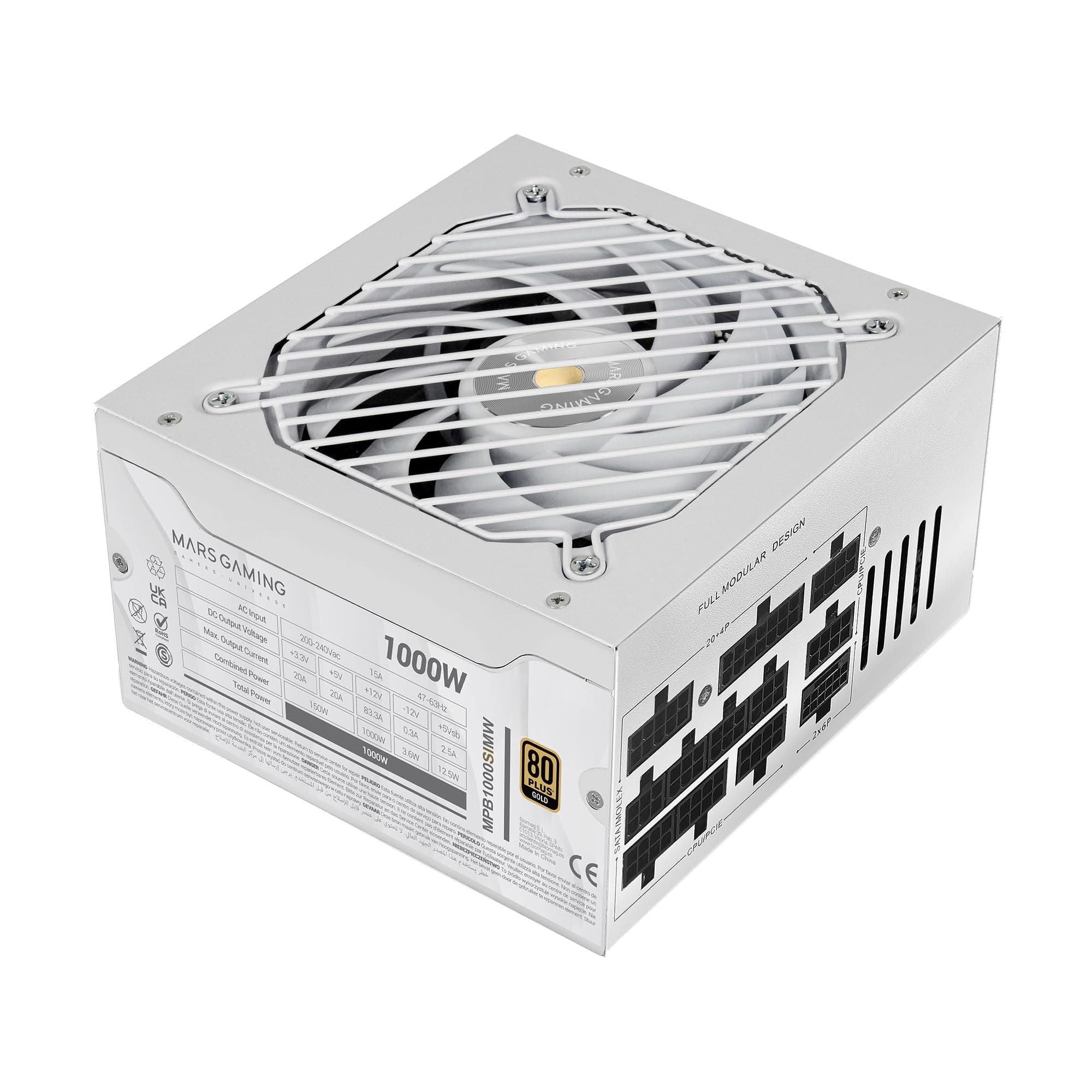 Mars Gaming MPB1000SIM, Vollmodulares ATX 1000W-Netzteil, 7 Jahre Garantie, 80Plus Gold 90%, SI Extreme Silence 140mm-Lüfter, AI2-RPM-Technologien, Japanische Kondensatoren, Weiß MPB1000SIMW Angebot bei HelloDeals