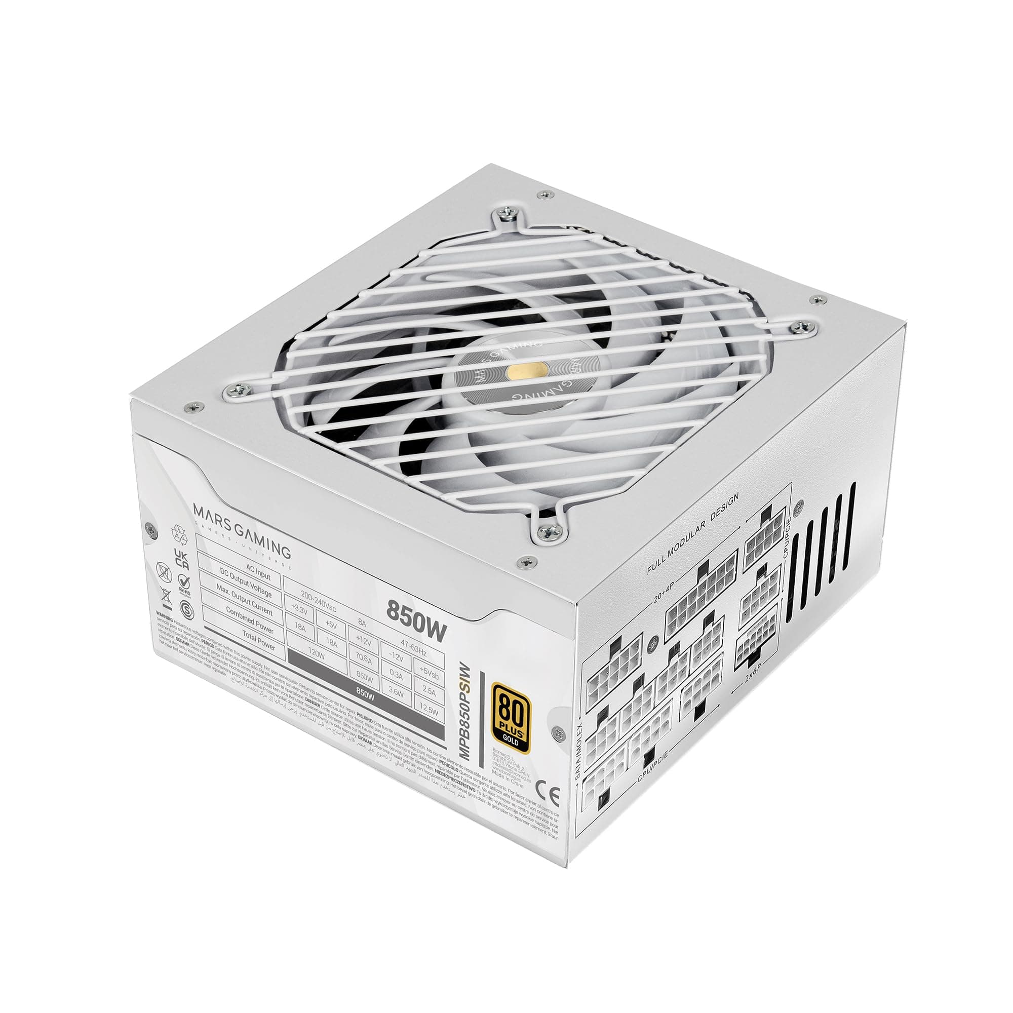 Mars Gaming MPB850PSI, Vollmodulares ATX-Netzteil 850W, 10 Jahre Garantie, 80Plus Gold 90%, SI-Lüfter 14cm, AI2-RPM-Technologie, DC-DC und SMD, ATX 3.1 und PCIe 5.1, 12V 2x6 Anschluss, Weiß MPB850PSIW Angebot bei HelloDeals