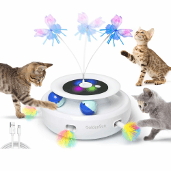 GoldenSun Katzenspielzeug, 3 in 1 Elektrisch Interaktives Automatischer Spielzeug für Katzen, Whack-A-Mole, Fluttering Butterfly, inklusive Ball, USB Wiederaufladbar Katzen Teaser mit 4 Aufsätzen A-Weiß Angebot bei HelloDeals