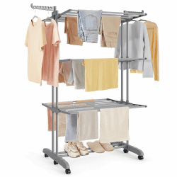 SONGMICS Wäscheständer, Standtrockner 4 Ebenen, Flügelwäscheständer, klappbare Flügel, mit Rollen, 63,5 x 125,5 x 173 cm, groß, einfacher Aufbau, Taubengrau LLR703G01 Taubengrau Faltbare Basis Standtrockner Angebot bei HelloDeals