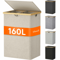 Lifewit 160L Bambus Wäschekorb mit Deckel, Faltbar Wäschesammler 2 Fächer Wäschesortierer mit Abnehmbarem Wäschesack Bambus Griffen Wäschebox Laundry Baskets für Waschküche, Schlafzimmer, Beige Beige 160 L (2 Compartments) Angebot bei HelloDeals