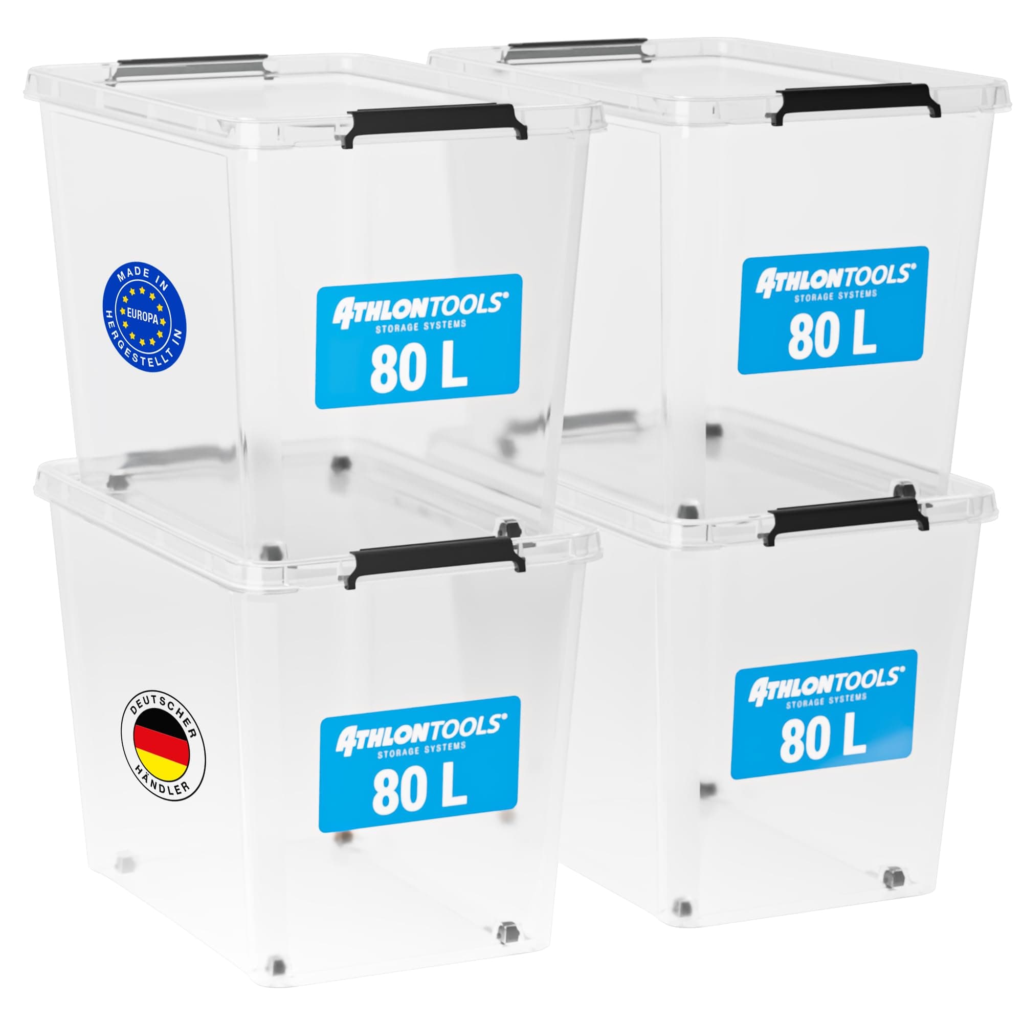 ATHLON TOOLS 4er Set 80l Aufbewahrungsboxen mit Deckel - BPA-freie & lebensmittelechte Aufbewahrungsbox mit Verschlussclips - 100% Neumaterial - Plastikbox transparent - Stapelbare Kunstoff Box 80 L Angebot bei HelloDeals