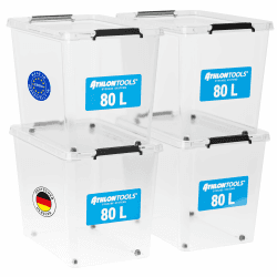 ATHLON TOOLS 4er Set 80l Aufbewahrungsboxen mit Deckel - BPA-freie & lebensmittelechte Aufbewahrungsbox mit Verschlussclips - 100% Neumaterial - Plastikbox transparent - Stapelbare Kunstoff Box 80 L Angebot bei HelloDeals